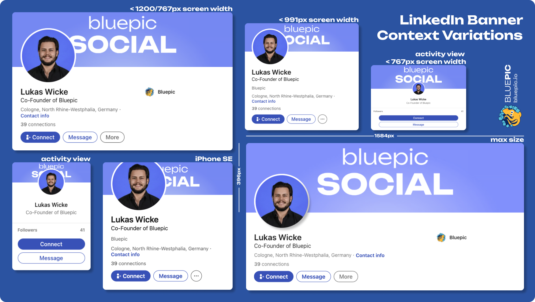 Screenshots von LinkedIn, die sechs Variationen der Profilkarte mit textlastigen Bannern zeigen, die von Profilbildern verdeckt werden